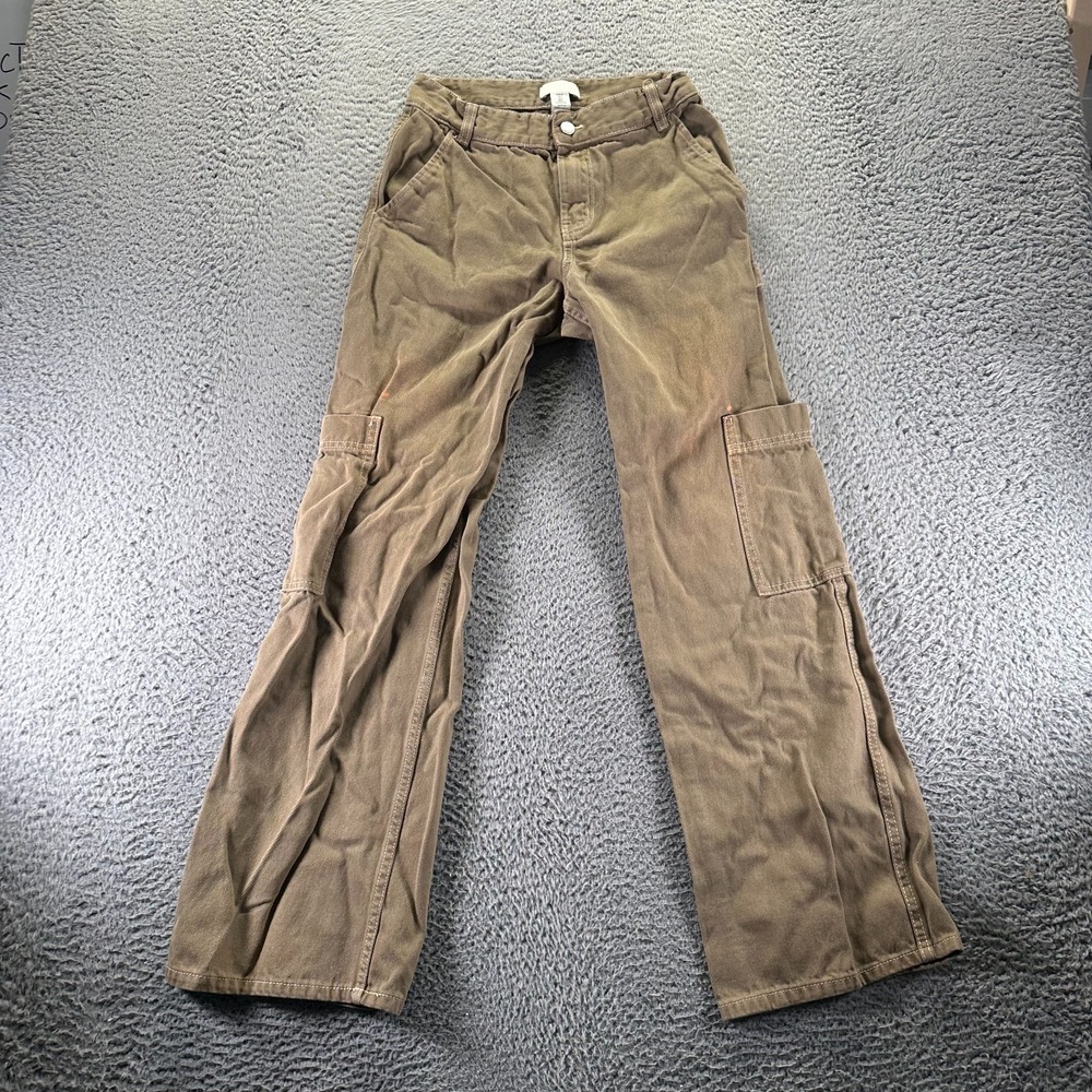 H&M Pant Womens 2 Brown Cotton Cargo Wide Leg Carpenter Utility Workwear Travel
